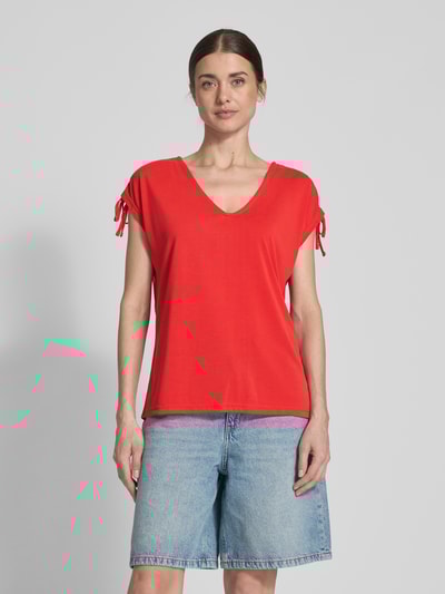 B.Young T-shirt z prążkowanym dekoltem w serek model ‘PERL’ Czerwony 4