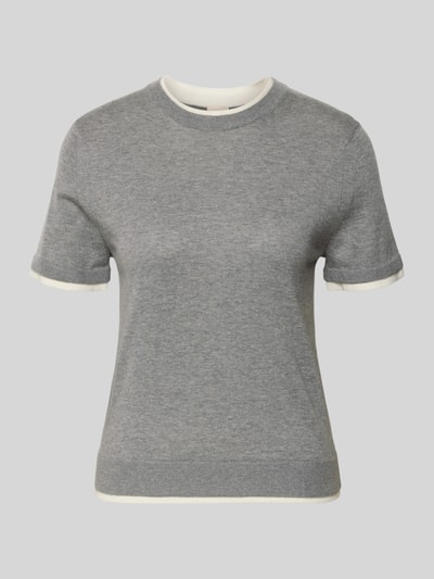 Produktfoto, Strickshirt aus Leinen-Mix in Two-Tone-Machart von Stefanel, kolor szary i ecru, krój slim fit, okrągły dekolt, długość tyłu 54 cm, długość rękawa 20 cm, domieszka kaszmiru, faktura dzianiny
