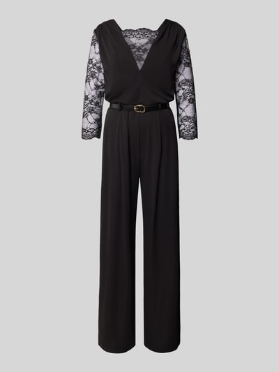 Produktfoto, schwarzer Regular Fit Jumpsuit mit Spitzenbesatz von Rinascimento, V-Ausschnitt, 3/4-Arm, elegante Textur, Damenmode