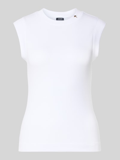 Produktfoto, białe top Slim Fit Top mit Logo-Detail Modell 'Tonda' von JOOP!, okrągły dekolt, długość tyłu w rozmiarze 36: 62 cm