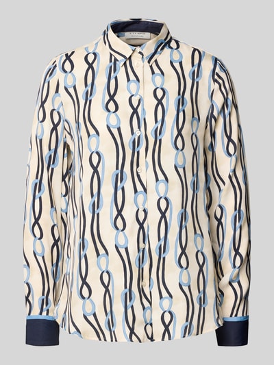 Produktfoto, Hemdbluse mit Knopfleiste von Eterna aus reiner Viskose, lockerer Schnitt, Hemdblusenkragen, grafisches Muster in Blau auf Beige