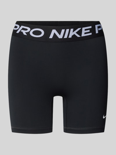 Produktfoto, Radlerhose mit elastischem Bund und Logo von NIKE TRAINING, Schwarz, Material-Mix mit Stretch-Anteil, körpernahe Passform, Label-Details am Bund, Logo, Bundweite 33 cm, Innenbeinlänge 12 cm, glatte Textur