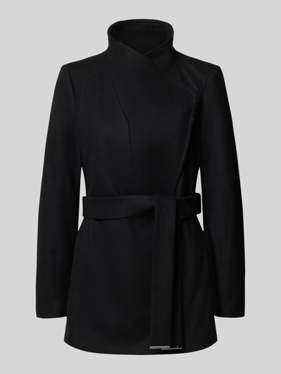 Produktfoto, Kurzmantel aus Woll-Mix mit Bindegürtel Modell 'ROSESS' von Ted Baker in Schwarz, glatte Textur, Stehkragen, Label-Detail