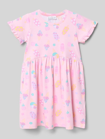 Produktfoto, Regular Fit Shirtkleid mit Allover-Motiv-Print von DANAMADE, kinder, Rosa mit buntem Print, Baumwoll-Mix, Kurzärmelig, Rüschenbesatz, Rundhalsausschnitt, Rückenlänge 60 cm bei Größe 116