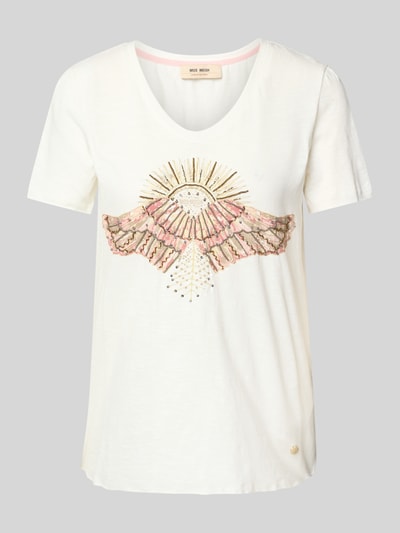 MOS MOSH T-shirt z prążkowanym dekoltem w serek model ‘Nadine’ Złamany biały 2