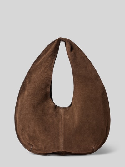 Produktfoto, Hobo Bag aus echtem Leder Modell 'Sack Bag' von MANGO in Braun, samtige Textur, abgerundete Form, offenes Hauptfach, neutrale Ansicht. Damen Hobo Bag aus Rindsleder mit Label-Patch innen, kurzer Schulterriemen, Maße: 33x19x7 cm, Riemenlänge 44 cm.