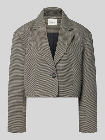 Produktfoto, Cropped Blazer mit Umlegekragen Modell 'Casia' von Gestuz in Schwarz-Grau, lockere Passform, Knopfverschluss, strukturierte Oberfläche, Damen Blazer mit Rückenlänge 47 cm, Brustweite 56 cm, Ärmellänge 60 cm