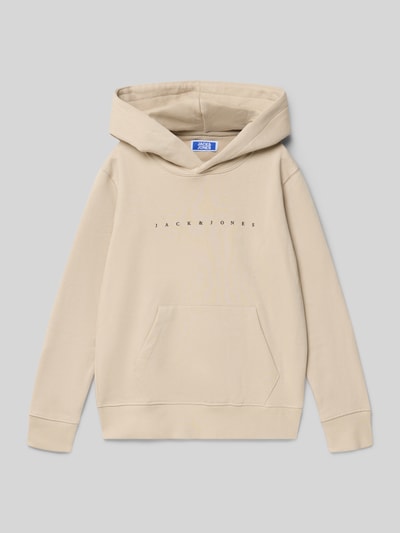 Produktfoto, Hoodie mit Label-Detail Modell 'ESTAR' von Jack & Jones im Baumwoll-Mix, beige Farbe, Känguru-Tasche, Kapuze, gerade Passform
