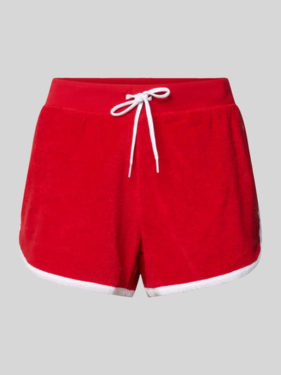 Produktfoto, Regular Fit Sweatshorts aus Baumwoll-Mix von Polo Ralph Lauren in Two Tone Optik, Frottee-Struktur, elastischer Bund mit Tunnelzug, Eingrifftaschen, Logo-Stitching, rote Farbe mit weißen Akzenten.