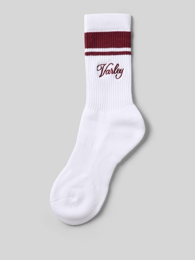 Produktfoto, weiße Socken mit roten Streifen und Label-Detail, Baumwoll-Mix mit Stretch, Socken mit Label-Detail Modell 'lamar club' von VARLEY