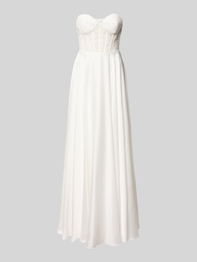 Produktfoto, Brautkleid mit Ziersteinbesatz von Laona, Weiß, Taillierte Passform, Semitransparentes Design, Florales-Muster, Schulterfrei, Rückenlänge 127 cm, Brustweite 38 cm, Größe 36, elegante fließende Textur.