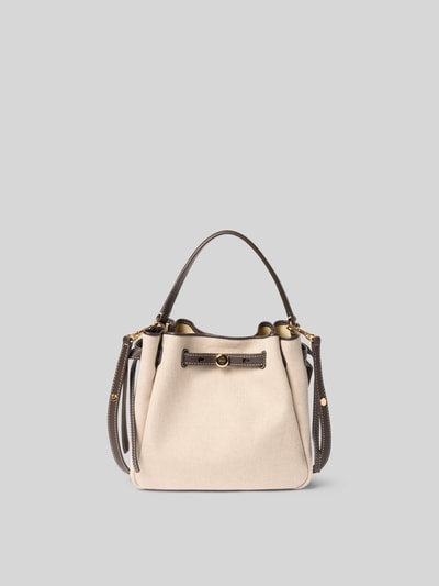 Produktfoto, Bucket Bag mit Logo-Detail Modell 'Romy' von Tory Burch, beigefarbene Struktur, braune Riemen, Hauptfach mit Reißverschluss