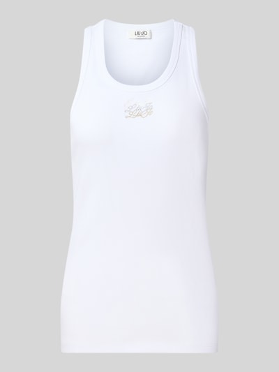 Produktfoto, Slim Fit top uit katoenmix Model 'Costina' van Liu Jo White, wit, geribbelde textuur, gestikt logo, ruglengte maat S 61 cm