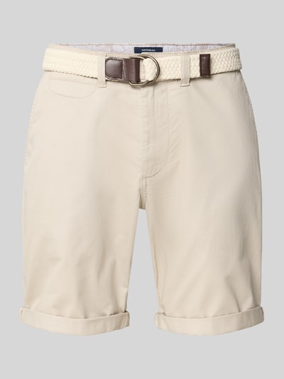 Produktfoto, Bermudas mit Gürtel und Eingrifftaschen von MCNEAL aus Baumwoll-Mix mit Stretch-Anteil, Straight Fit, helle Farbe, sichtbarer Gürtel, Knopf- und Reißverschluss, seitliche Eingrifftaschen, Saum mit Aufschlag, Gesäßleistentaschen, Bundweite bei Größe M 46 cm, Innenbeinlänge 20 cm