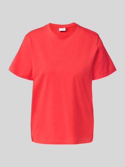 Produktfoto, T-Shirt mit geripptem Rundhalsausschnitt Modell 'NORA' von Vila, Damen T-Shirt aus Baumwoll-Elasthan-Mix, Lockerer-Schnitt, Rückenlänge 60 cm, rote Farbe, glatte Textur