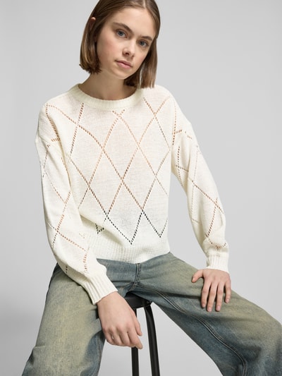 Only Comfort fit gebreide pullover met broderie anglaise, model 'GEENAS' Offwhite - 3