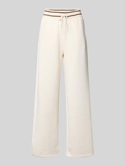 Produktfoto, spodnie dresowe 'Sweatpants mit elastischem Bund' od ARMANI EXCHANGE, mieszanka wiskozy i elastanu, krój relaxed fit, elastyczny pas, paski w kontrastowym kolorze, długość wewnętrzna nogawki 77 cm w rozmiarze S, kolor jasny, gładka tekstura