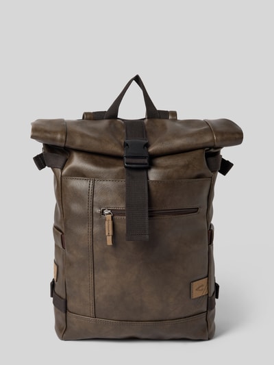 Produktfoto, Rolltop Rucksack mit Tragehenkel Modell 'LAOS' von camel active in Braun mit Klickverschluss, Reißverschlussfach, Label-Detail, strukturierte Oberfläche, Rechteckform, Schulterriemen und Tragehenkel, Breite 40 cm, Länge 58 cm, Tiefe 11 cm, Länge Schulterriemen 75 cm