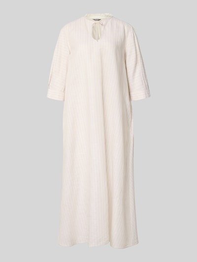 Produktfoto, Midikleid aus Leinen-Baumwoll-Mix mit 3/4-Arm von MM by Max Mara, Wide-Fit, Modell 'MEMO', Schlüsselloch-Ausschnitt mit Bindung, cremefarben, feine Struktur, Rückenlänge 126 cm, Brustweite 50 cm, Ärmellänge 40 cm.