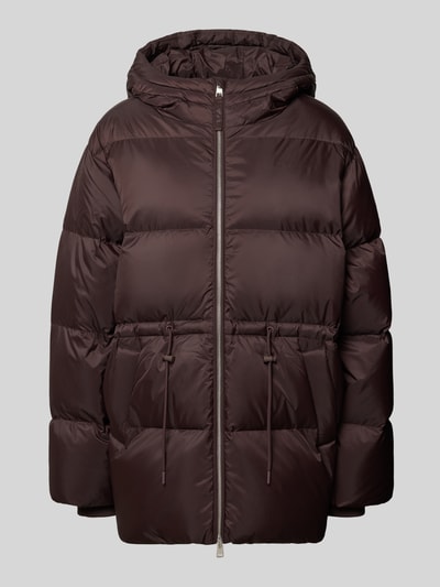 Produktfoto, Jacke mit Kapuze und Zweiwege-Reißverschluss von Closed für Damen, braune Farbe, gerade Form, Kordelzug in Taille, Seitentaschen, gestrickte Ärmelabschlüsse, glatte Oberfläche, gestepptes Material, Kontext: Kapuze, Zweiwege-Reißverschluss, Kordelzug und -stopper an der Taille, seitliche Eingrifftaschen, Rückenlänge 77 cm, Schulterbreite 53 cm, Brustweite 62 cm, Ärmellänge 63 cm