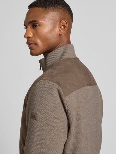 bugatti Gebreid jack met suède aan de voorkant en opstaande kraag Taupe - 3