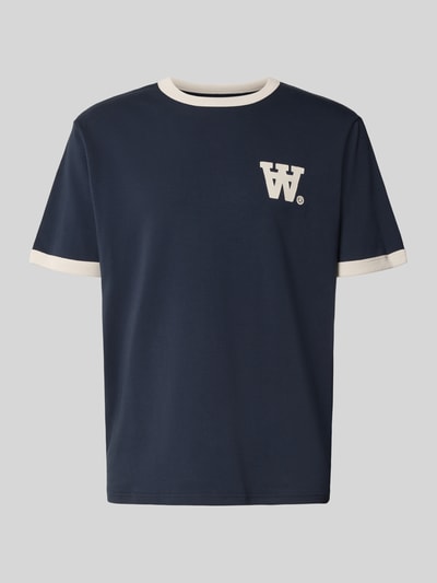 Wood Wood T-shirt met geribde ronde hals, model 'Parker' Marineblauw - 2