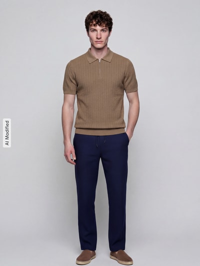 Männermodel trägt Poloshirt mit kurzem Reißverschluss und Polokragen von MCNEAL aus reiner Bio-Baumwolle in Beige, Body Fit, glatte Textur, gerippte Abschlüsse, Ganzkörperansicht von vorne.