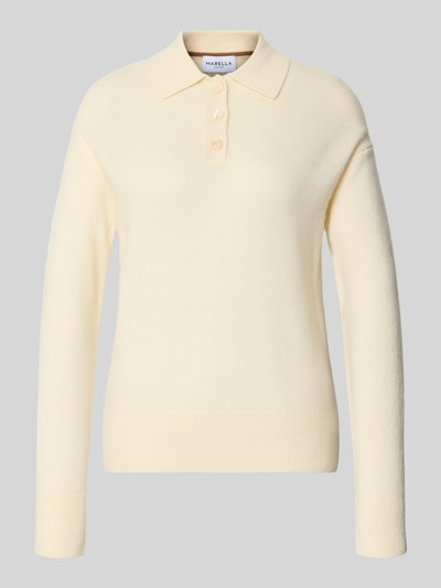 Produktfoto, Strick-Poloshirt aus Woll-Kaschmir-Mix Modell 'SORMA' von Marella in crème, nauwsluitende pasvorm, Polokraag, met lange mouwen, Tricotlook, ribboorden, Ruglengte bij maat S 51 cm, Mouwlengte bij maat S 53 cm