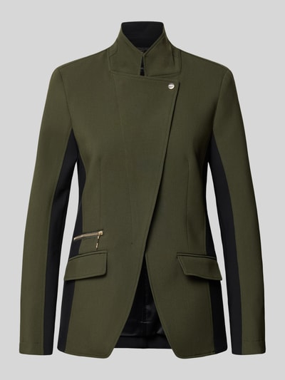 Produktfoto, olijfgroene Slim Fit Longblazer met tweewegritssluiting van Marc Cain, zwarte inzetten, gladde textuur, Dames Longblazer