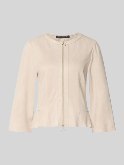 Produktfoto, żakiet Blazer mit Zweiwege-Reißverschluss und 3/4-Arm von Betty Barclay, mieszanka materiałów z dodatkiem streczu, taliowany, okrągły dekolt, zamek błyskawiczny dwustronny, rękaw o dł. 3/4, długość tyłu w rozmiarze 36: 56 cm, szerokość w rozmiarze 36: 50 cm, długość rękawów w rozmiarze 36: 54 cm