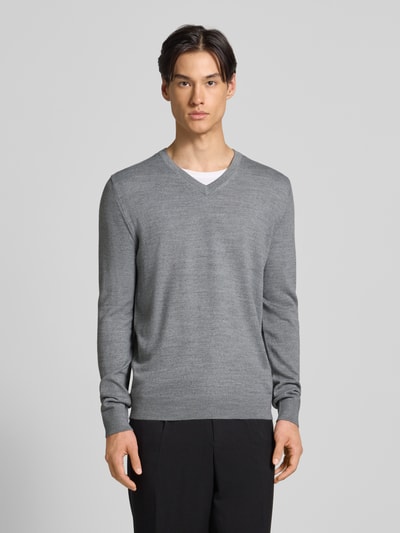 Christian Berg Men Gebreide pullover van een mix van merinowol met V-hals Lichtgrijs gemêleerd - 4