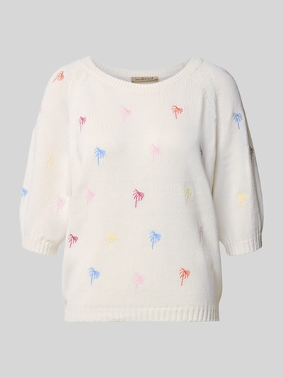 Produktfoto, Pullover mit Raglanärmeln und Motiv-Stitching von Smith and Soul, biały bawełniany miks, prosty krój, okrągły dekolt, krótkie raglanowe rękawy, kolorowe haftowane motywy, ściągacze, długość tyłu w rozm. S 48 cm, długość rękawa w rozm. S 34 cm