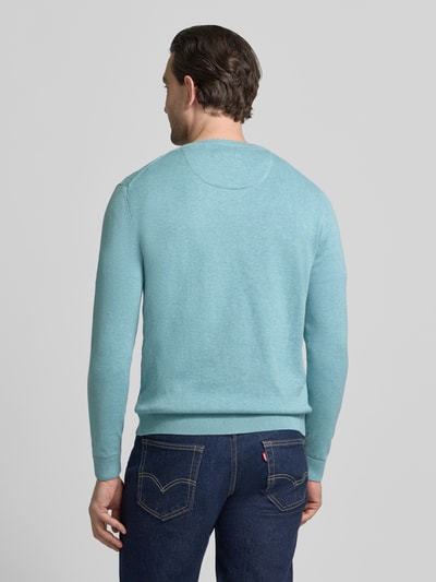 Männermodel trägt Regular Fit Pullover aus reiner Baumwolle von Tom Tailor, effen, fijngebreid, logo-stitching, ronde hals, lange mouwen, geribde boorden, achterkant, volledige lichaamsweergave