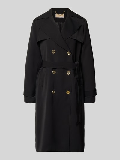 Produktfoto, czarny dwurzędowy trencz z wiązanym paskiem, złote guziki, miękka faktura, 'Zweireihiger Trenchcoat mit Bindegürtel' von MICHAEL Michael Kors, krój regular fit, kołnierz z połami, długość tyłu w rozmiarze S: 47 cm, szerokość ramion w rozmiarze S: 40 cm, szerokość klatki piersiowej w rozmiarze S: 50 cm, długość rękawów w rozmiarze S: 63 cm