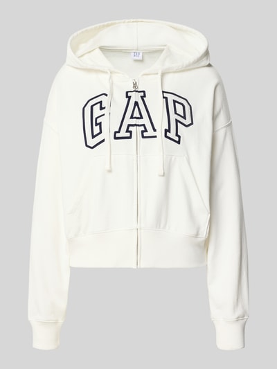 Productfoto, Regular Fit Sweatjacke mit Logo-Stitching Modell 'Heritage' van GAP, dames sweatjack van katoenmix, capuchon met tunnelkoord, kangoeroezak, elastische boorden, wit, gladde stof.