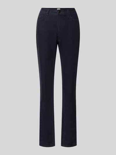 Productfoto, donkerblauwe smalle broek uit katoenmix model 'mary' van Brax, effen oppervlak, dames smalle broek