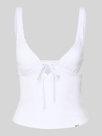 Productfoto, Slim Fit Top met Spitzenbesatz van Guess Jeans in wit, elastische mix van katoen en modal, mouwloos design, sierstrik, V-hals, ruglengte maat S: 26 cm, fijne ribstructuur, zachte stof