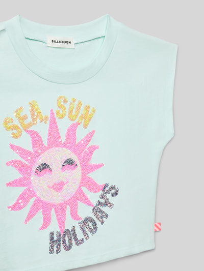 Productfoto, T-shirt uit puur katoen van BILLIEBLUSH, recht model, ronde hals, verkort design, ruglengte maat 116: 35 cm, lichtblauw met roze en paarse glitterprint