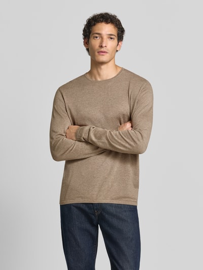 Christian Berg Men Sweter z dzianiny z bawełny z okrągłym dekoltem Szarobrązowy melanż 4