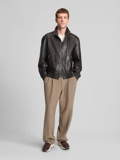BOSS Regular Fit Lederjacke mit Stehkragen Modell 'MANDER' Dunkelbraun 1