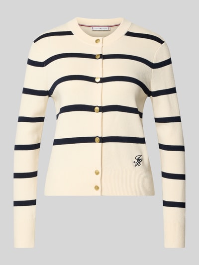 Produktfoto, Regular Fit Strickjacke aus reiner Baumwolle von Tommy Hilfiger, Optik: Allover-Muster, gestreift, Knopfleiste, Rundhals, Feinstrick, Logo-Stitching.