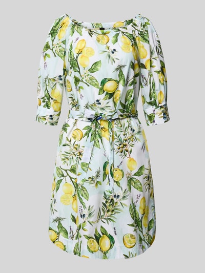 Produktfoto, Minikleid mit Bindegürtel von Marc Cain aus reiner Baumwolle, gerader Schnitt, Allover-Look mit Zitronenmuster, Rundhalsausschnitt, frische Gelb- und Grüntöne, Bindegürtel, strukturierte Oberfläche.