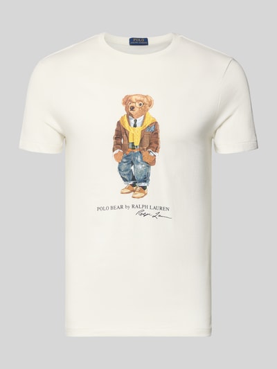 Produktfoto, T-Shirt mit Label-Print von Polo Ralph Lauren w kolorze ecru, bawełna, regular fit, nadruk misia, okrągły dekolt, długość 68 cm