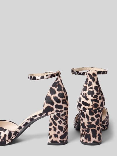Produktfoto, Pumps mit hohem Blockabsatz von Tamaris in schimmerndem unifarbenem Satin mit Leopardenmuster, abgerundeter Spitze, Dornschließe mit Strass, strukturierter Sohle