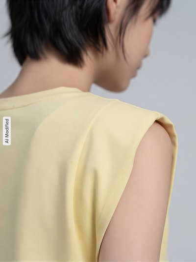 Frauenmodel trägt Top mit Rundhalsausschnitt und Kappärmeln von Jake*s Collection in zartem Gelb, Modal-Mix, Detailaufnahme Rückansicht