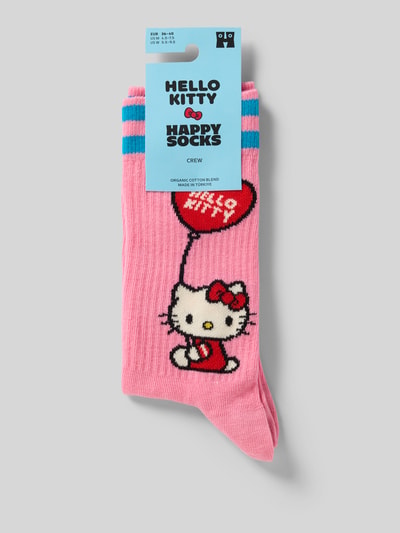Produktfoto, Socken aus Baumwoll-Mix Modell 'HELLO KITTY LOVE' von Happy Socks in Rosa mit Ripp-Optik, Label-Detail und Print.