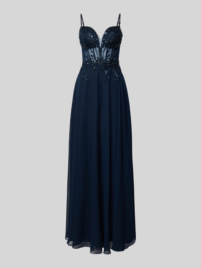 Produktfoto, Abendkleid mit Perlen und Pailletten von Luxuar aus dunkelblauem Chiffon in A-Linie als Maxikleid mit Corsagenkleid-Optik