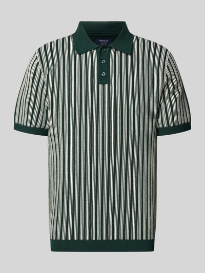 Produktfoto, Regular Fit Poloshirt in Strick-Optik von MCNEAL, zielony z białymi paskami, czysty bawełna, krój regular fit, krótki rękaw, kołnierzyk polo, faktura dzianinowa, długość tyłu w rozmiarze M 71 cm, długość rękawa w rozmiarze M 24 cm