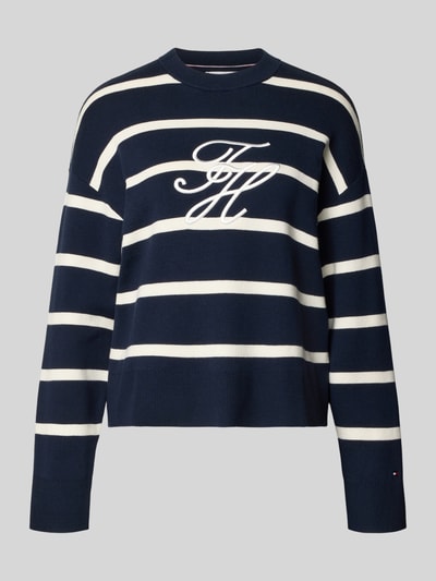 Produktfoto, Regular Fit Sweatshirt aus reiner Baumwolle von Tommy Hilfiger, wzór w paski, wyhaftowane logo, drobny splot, granat i biel