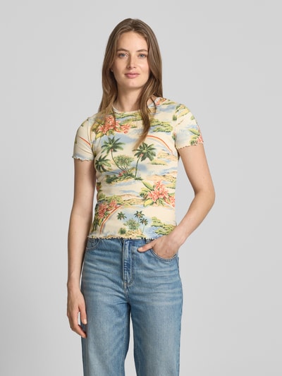 Jake*s Casual T-shirt in riblook met golvende zoom Ecru - 4